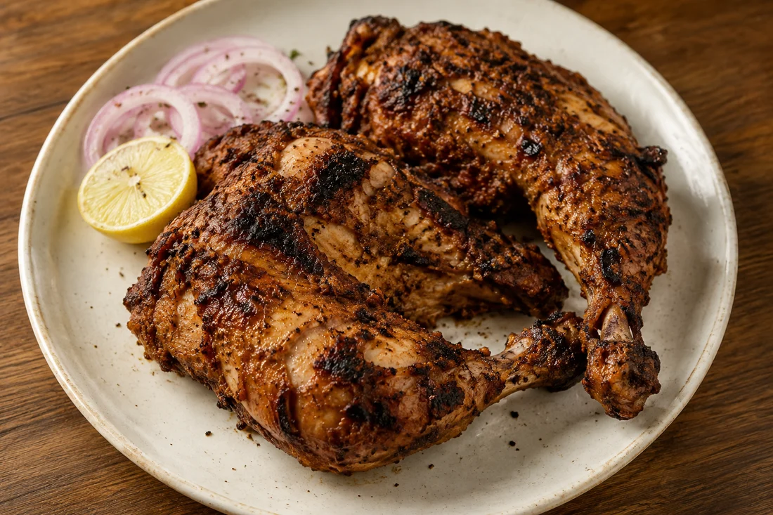 Charred tandoori chicken, lemon and onions, ready to share