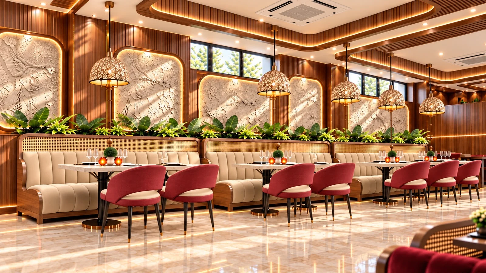 The Chennai Kitchenn dining room, with illuminated carved walls, cream seating and wine-red chairs