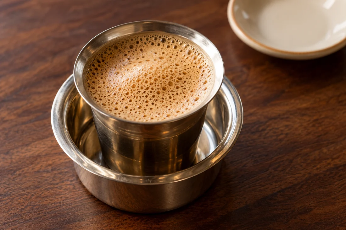 South Indian filter coffee served in a brass tumbler and davara